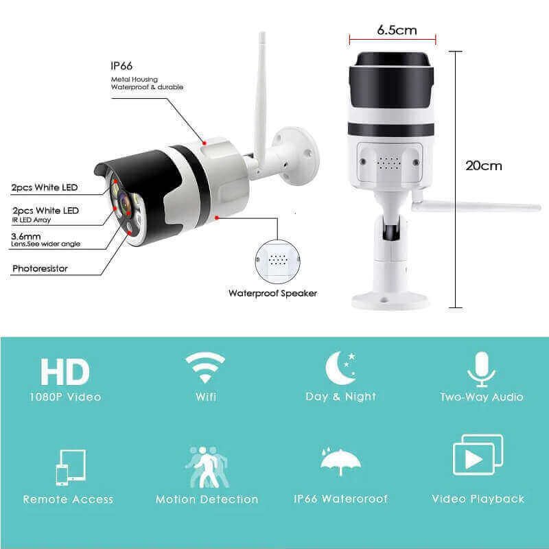 Outdoor WiFi Camera Bullet CCTV Full Color dimensions of outdoor wifi camera and parts