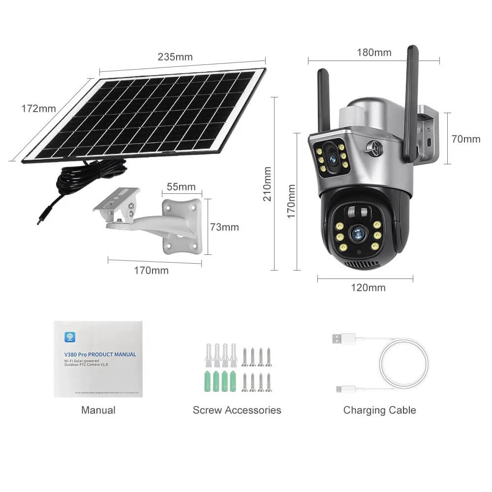 Solar Camera 4G Dual Lens SIM Slot 4MP PTZ in Kenya parts and dimensions and packaging dual lens solar camera in Kenya