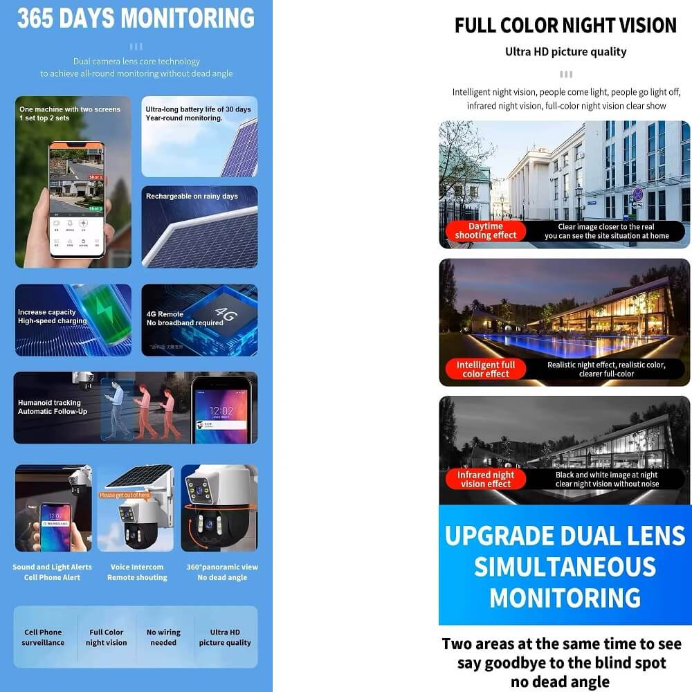 Solar Camera 4G Dual Lens SIM Slot 4MP PTZ in Kenya 4G Dual Lens Solar CCTV Camera in Kenya WiFi Dual Lens Solar CCTV more special specifications night vision cloud storage sd card storage