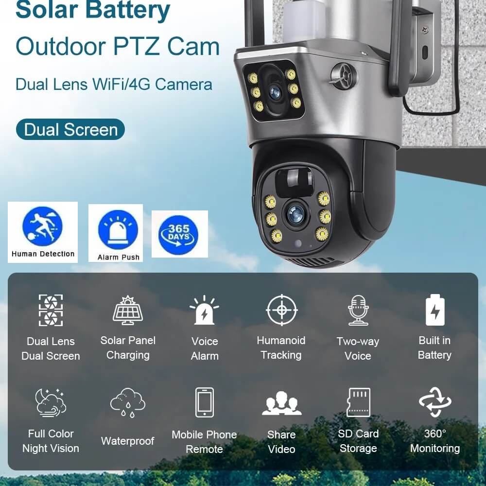 Solar Camera 4G Dual Lens SIM Slot 4MP PTZ in Kenya 4G Dual Lens Solar CCTV Camera in Kenya WiFi Dual Lens Solar CCTV features in kenya