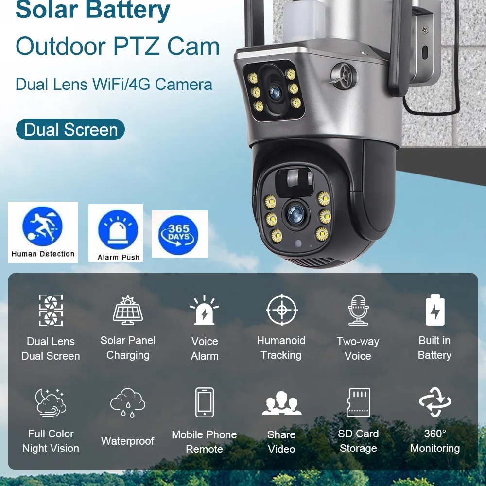 Solar Camera WiFi Dual Lens PTZ 4MP in Kenya best Dual Lens Solar Camera in Kenya 4G Solar Camera WiFi Solar Camera V380 Solar Camera Kenya Quick features