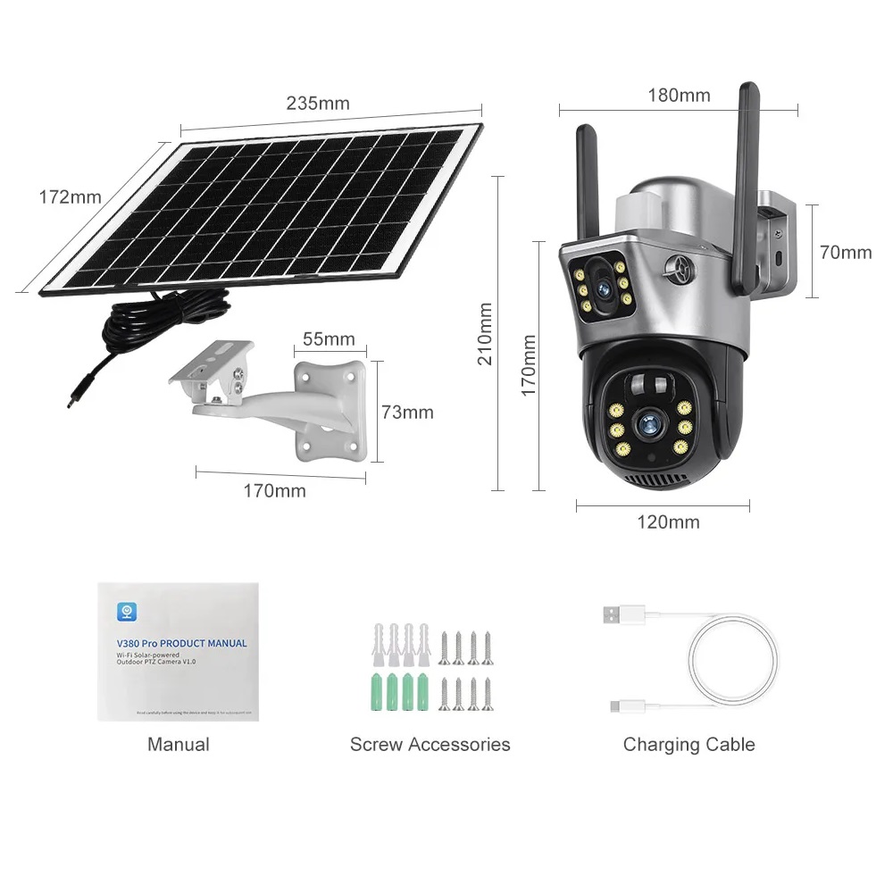 Solar Camera WiFi Dual Lens PTZ 4MP in Kenya best Dual Lens Solar Camera in Kenya 4G Solar Camera WiFi Solar Camera V380 Solar Camera Kenya packaging packing list