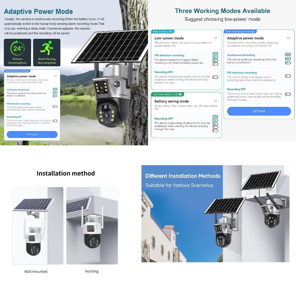 Solar Camera WiFi Dual Lens PTZ 4MP in Kenya best Dual Lens Solar Camera in Kenya 4G Solar Camera WiFi Solar Camera V380 Solar Camera Kenya Solar camera double lens two lens solar camera power working modes in Kenya multi installation methods