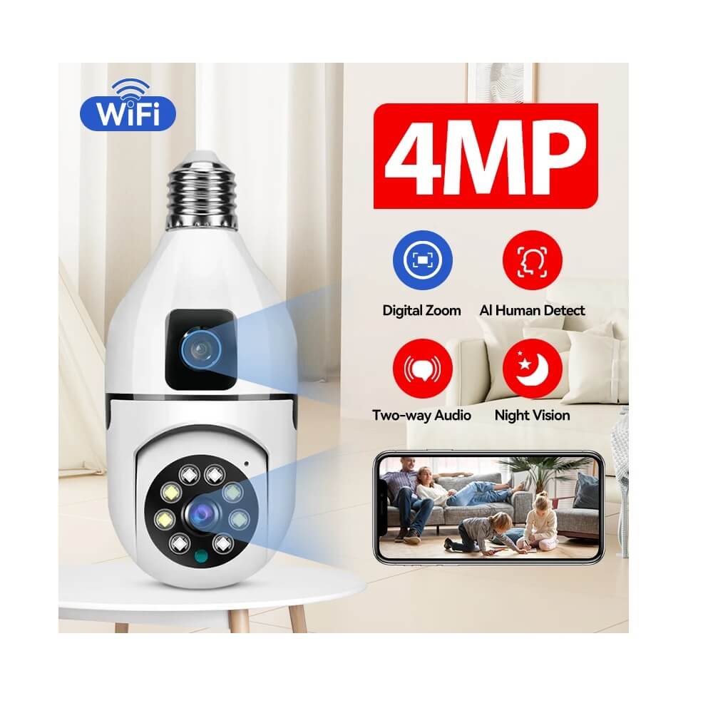 Dual Lens PTZ Bulb Camera 360° 1080P with Motion Tracking, Night Vision Two-Way Audio in Kenya the best dual lens PTZ bulb camera WiFi Camera PTZ in Kenya 360 Bulb Camera Quick features