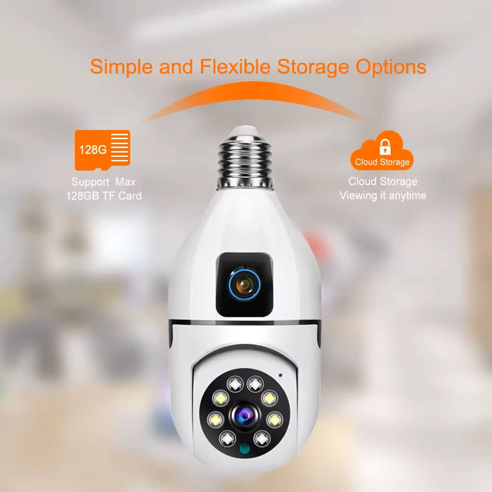 Dual Lens PTZ Bulb Camera 360° 1080P with Motion Tracking, Night Vision Two-Way Audio in Kenya the best dual lens PTZ bulb camera WiFi Camera PTZ in Kenya 360 Bulb Camera sd card local storage and bulb camera cloud storage