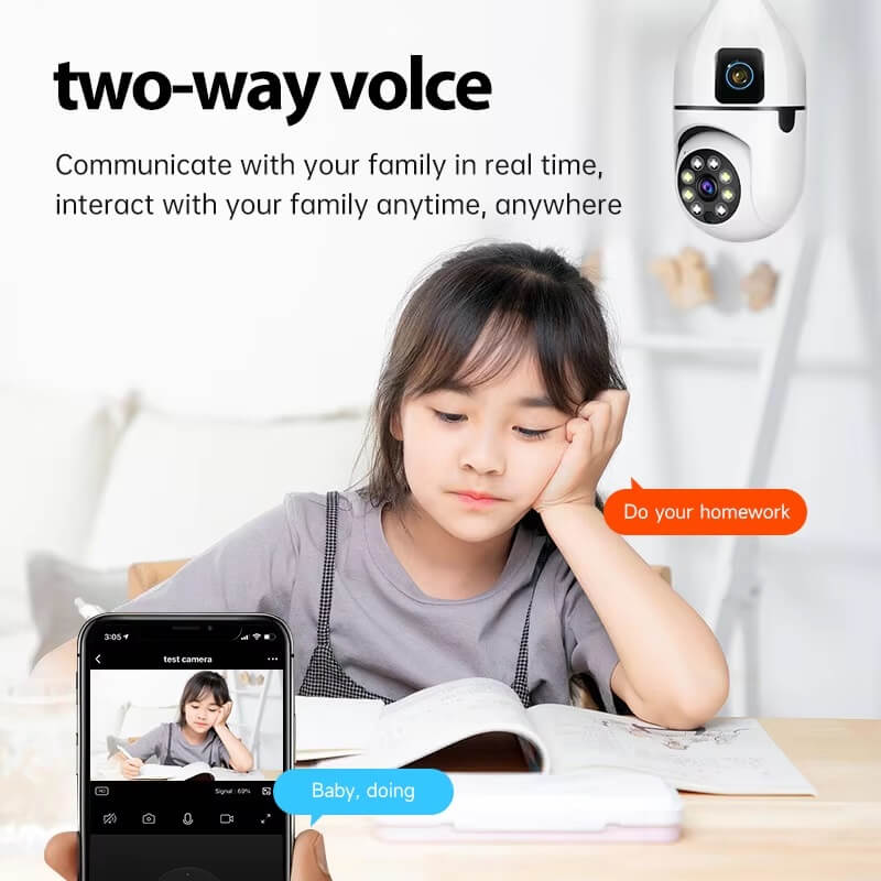 Dual Lens PTZ Bulb Camera 360° 1080P with Motion Tracking, Night Vision Two-Way Audio in Kenya the best dual lens PTZ bulb camera WiFi Camera PTZ in Kenya 360 Bulb Camera two way audio clear audio wifi bulb camera PTZ with dual lens in Nairobi Kenya