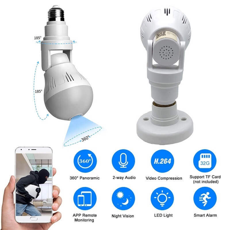 Rotating Bulb CCTV Camera: 1080P Fisheye, WiFi, Two-Way Talk