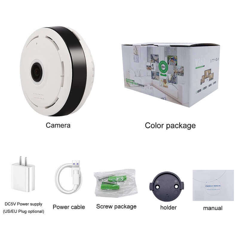 Round Fisheye Nanny Camera WiFi CCTV 1080P V380 360° Packaging