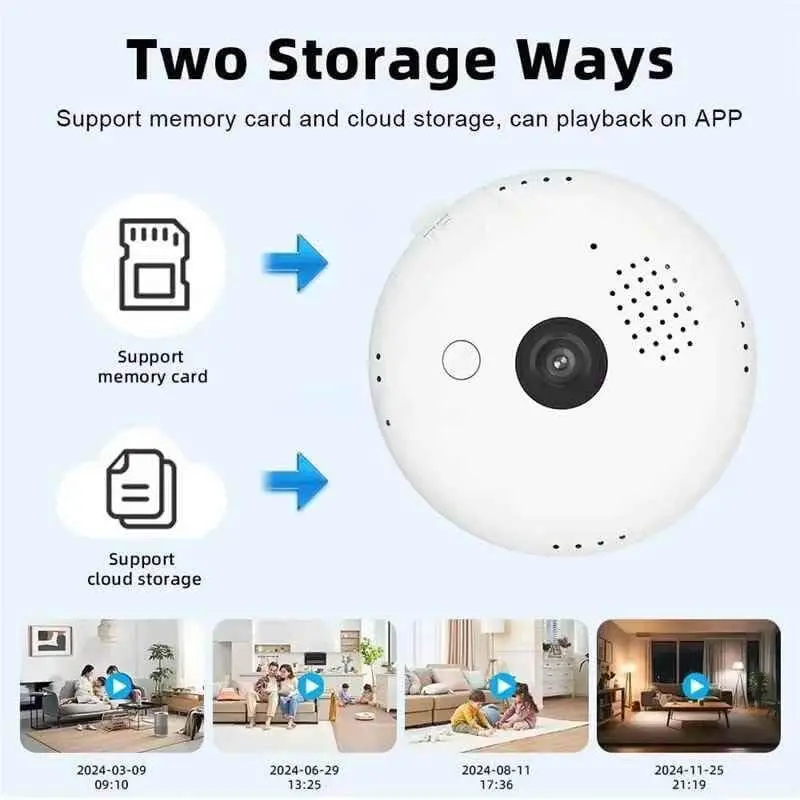 V380 WiFi Bulb Camera showing memory card and cloud storage modes.webp
