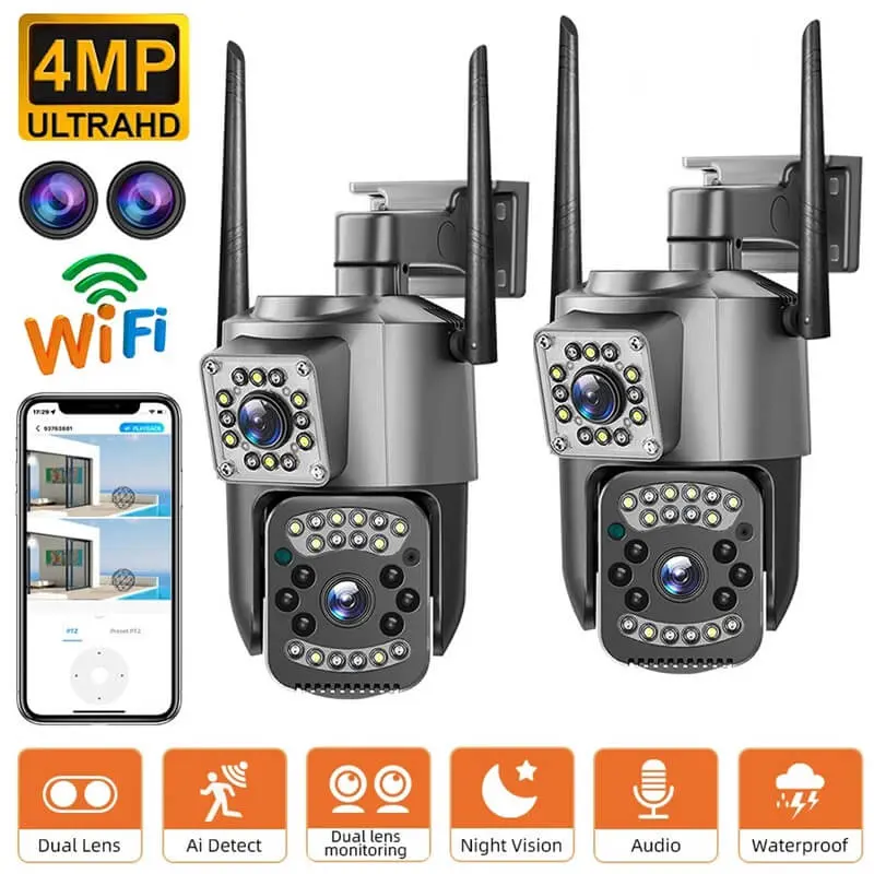 Dual Lens WiFi Camera Outdoor displaying camera features.webp