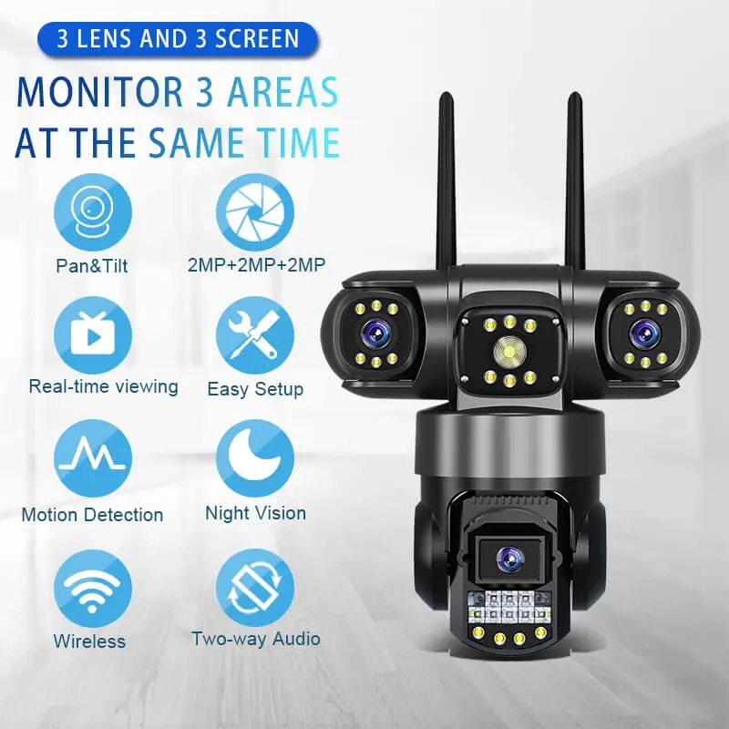 V830 WiFi Triple Lens Camera showing product features.webp