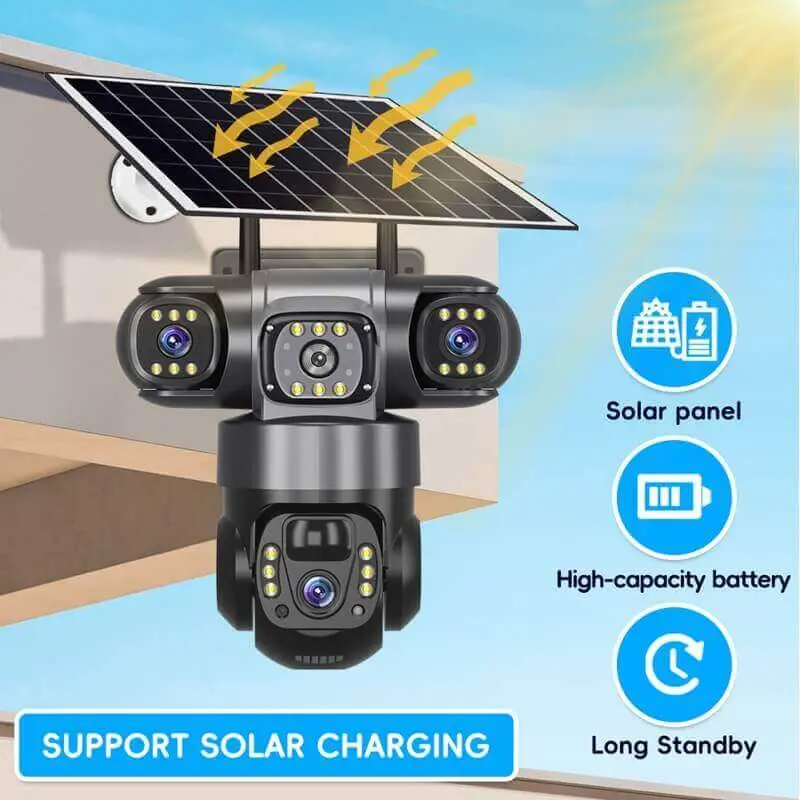 V830 4G WiFi Triple Lens Solar camera showing solar panel charging view.webp