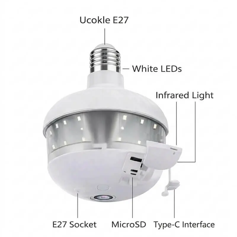 V380 Max Bulb Camera D8 showing size and dimensions.webp